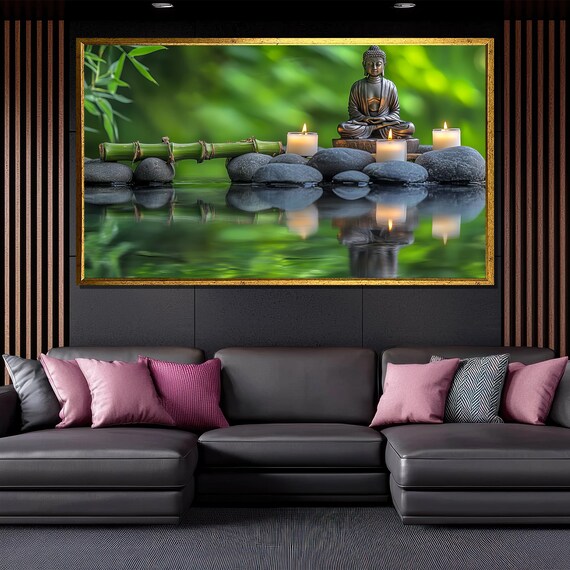 Buddha Statue Candles Zen Stones Water Reflection Bamboo Garden Poster