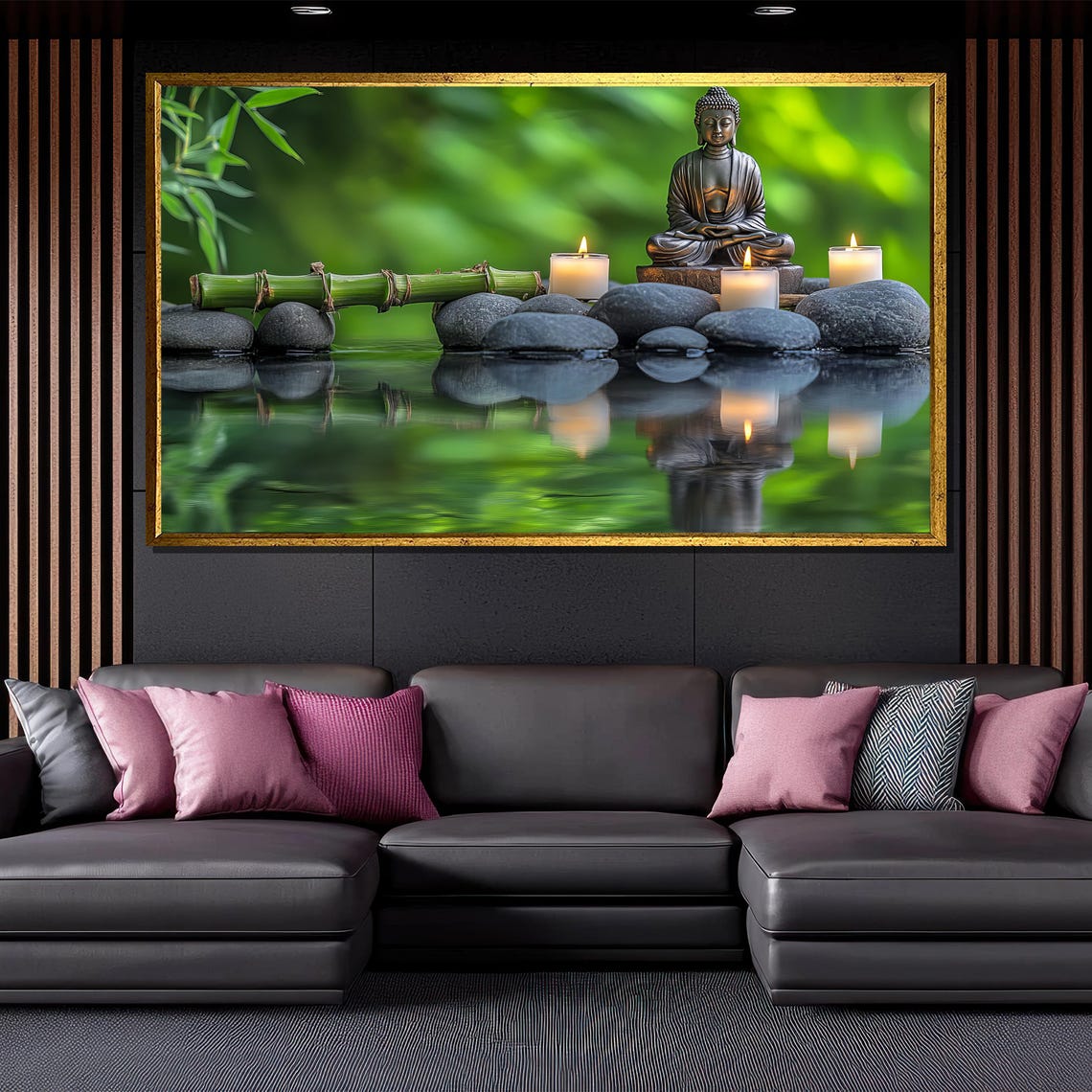 Buddha Statue Candles Zen Stones Water Reflection Bamboo Garden Poster