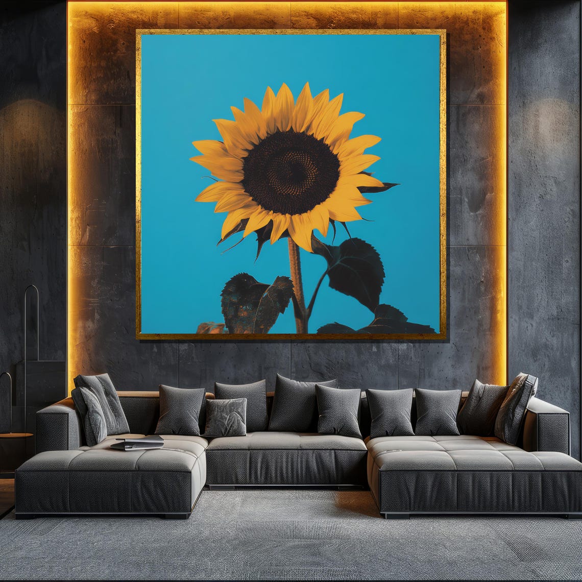 Sunflower Against Bright Turquoise Blue Background Modern Art Poster
