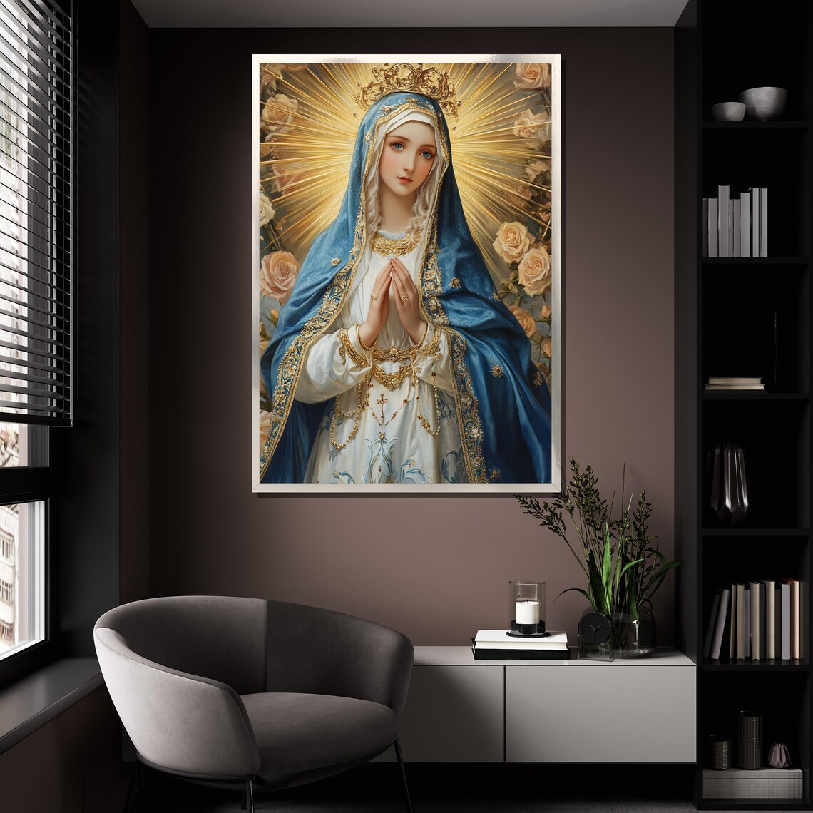 Virgin Mary Praying Blue Mantle Golden Halo Roses Catholic Art Poster - Image 4