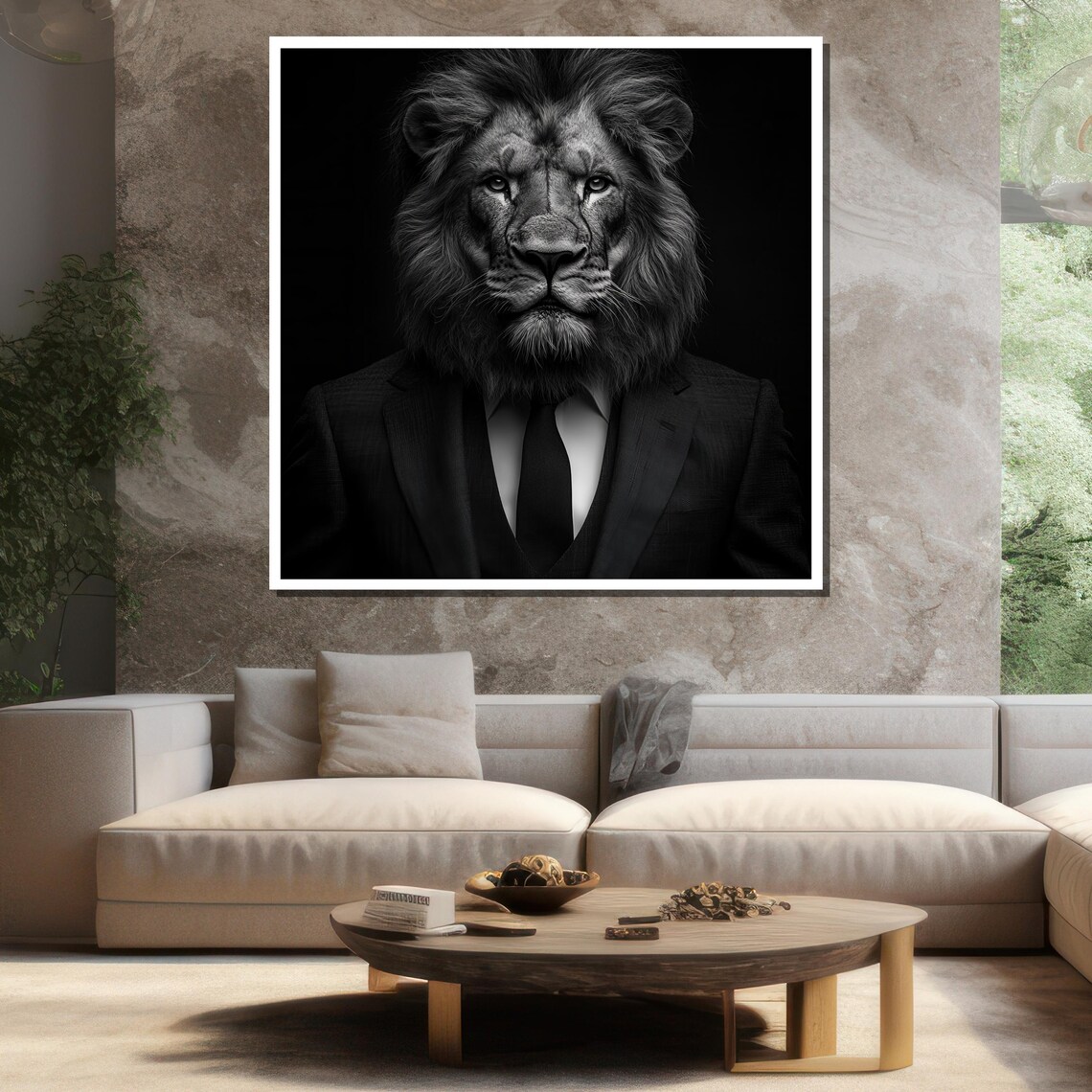 Lion In Suit Black White Boss Portrait Monochrome Funny Wildlife Poster - Image 3