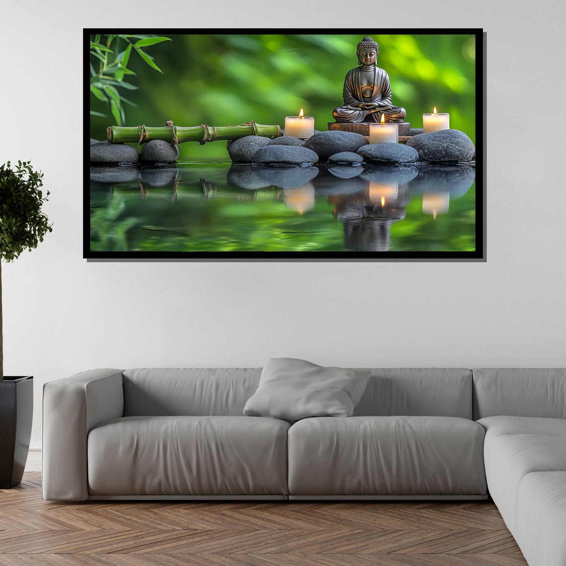 Buddha Statue Candles Zen Stones Water Reflection Bamboo Garden Poster - Image 5
