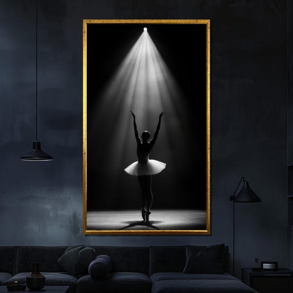 Ballerina Under Spotlight Painting Black And White Ballet Wall Art Textured Oil Painting For Living Room Gift For Dance Lovers