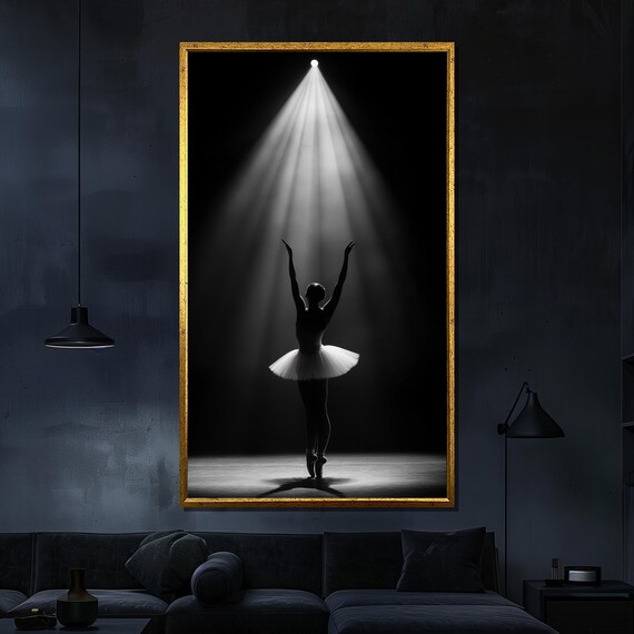 Ballerina Under Spotlight Silhouette Black And White Stage Ballet Poster