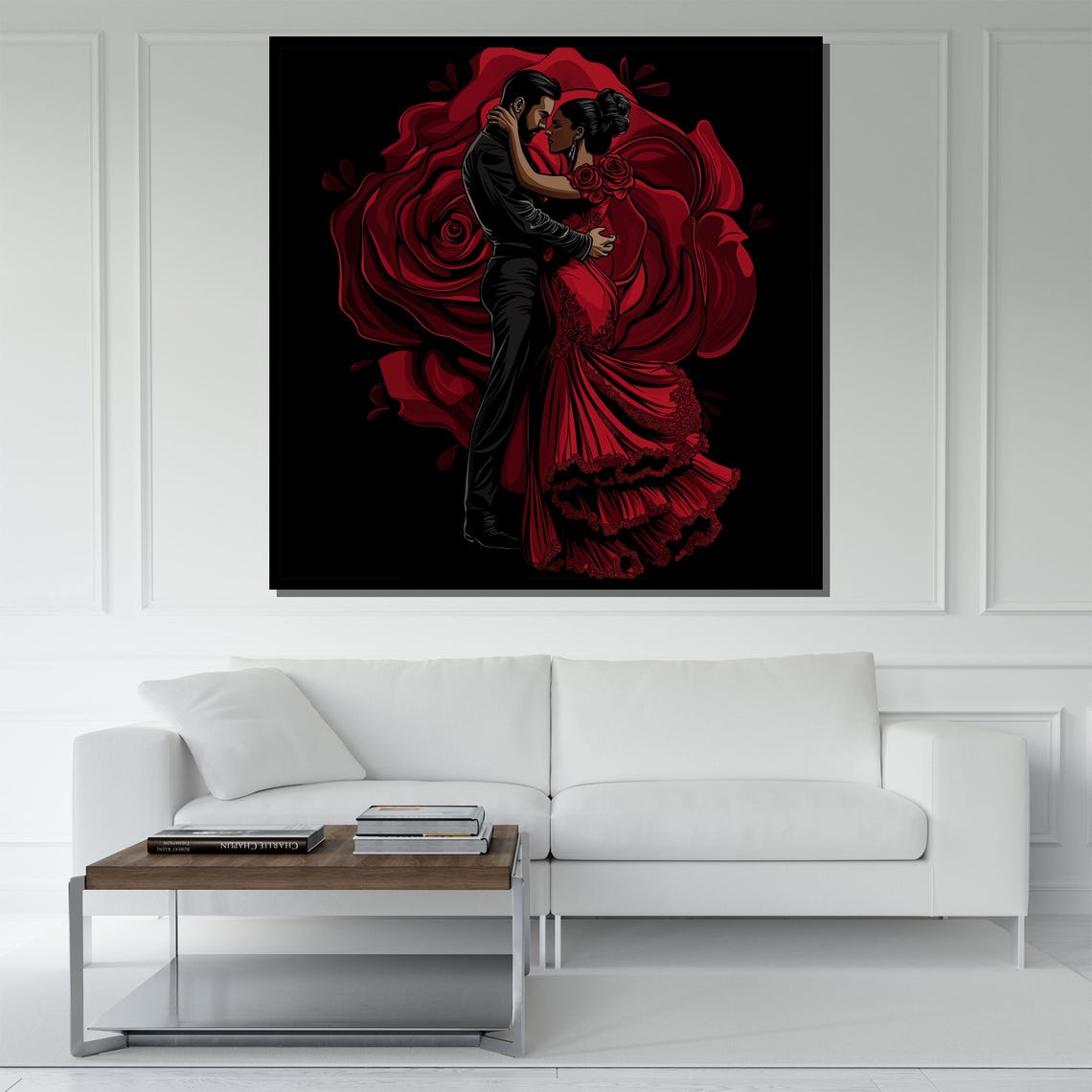 Flamenco Couple Embracing Before Giant Red Rose Graphic Art Poster - Image 5