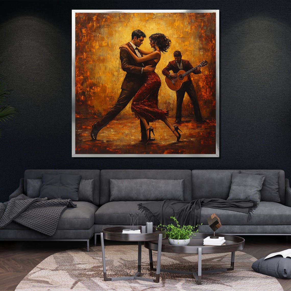 Tango Dancers With Guitarist Golden Textured Romantic Painting Poster - Image 4