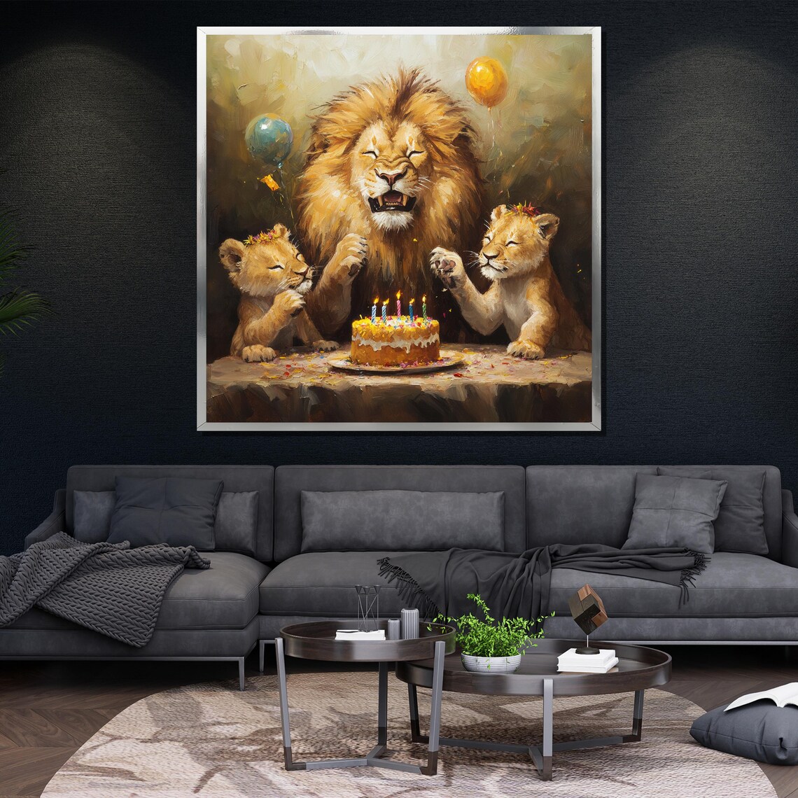 Lion Family Birthday Cake Balloons Cute Wildlife Art Wall Poster - Image 4