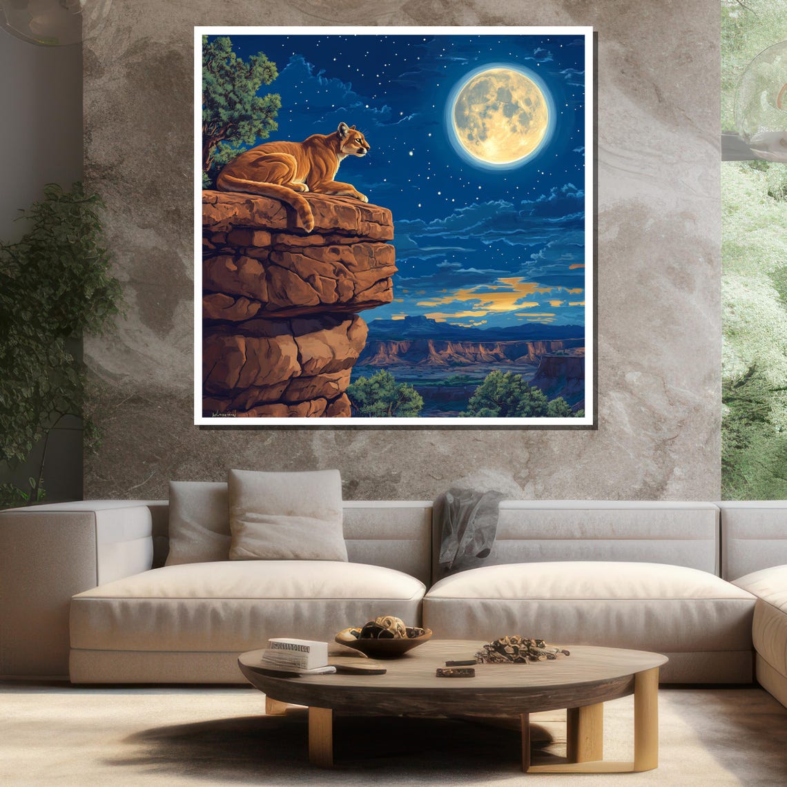 Puma Full Moon Red Rock Canyon Night Majestic Mountain Lion Wall Art - Image 3