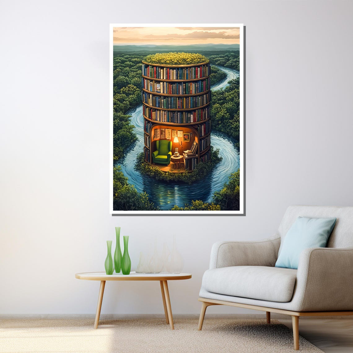 Round Library Tower On A River Island Cozy Reading Nook Poster - Image 3