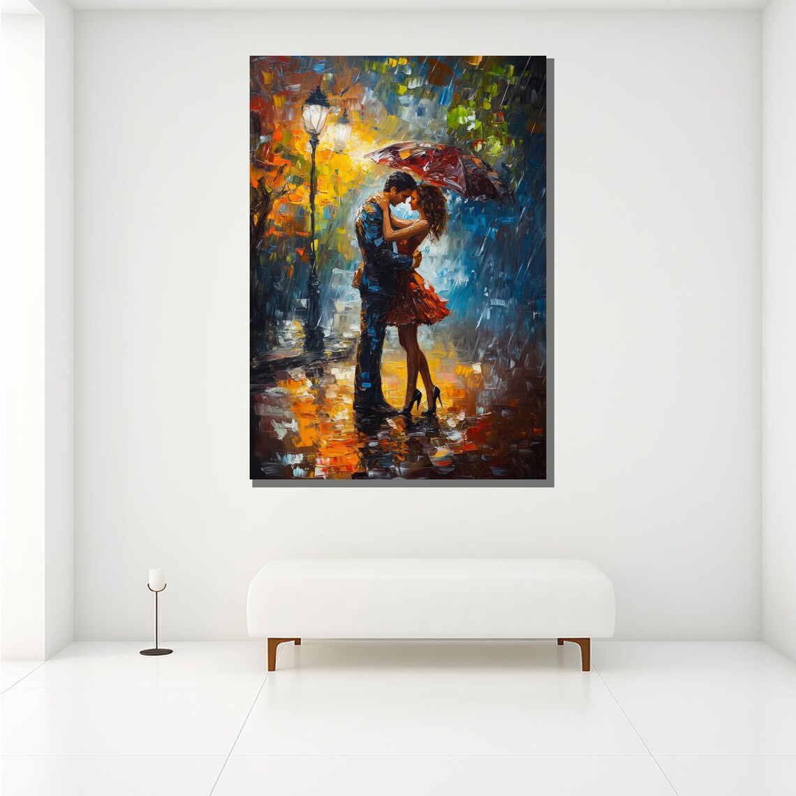 Romantic Couple Kissing Under Umbrella Rain Streetlamp Painting Poster - Image 2