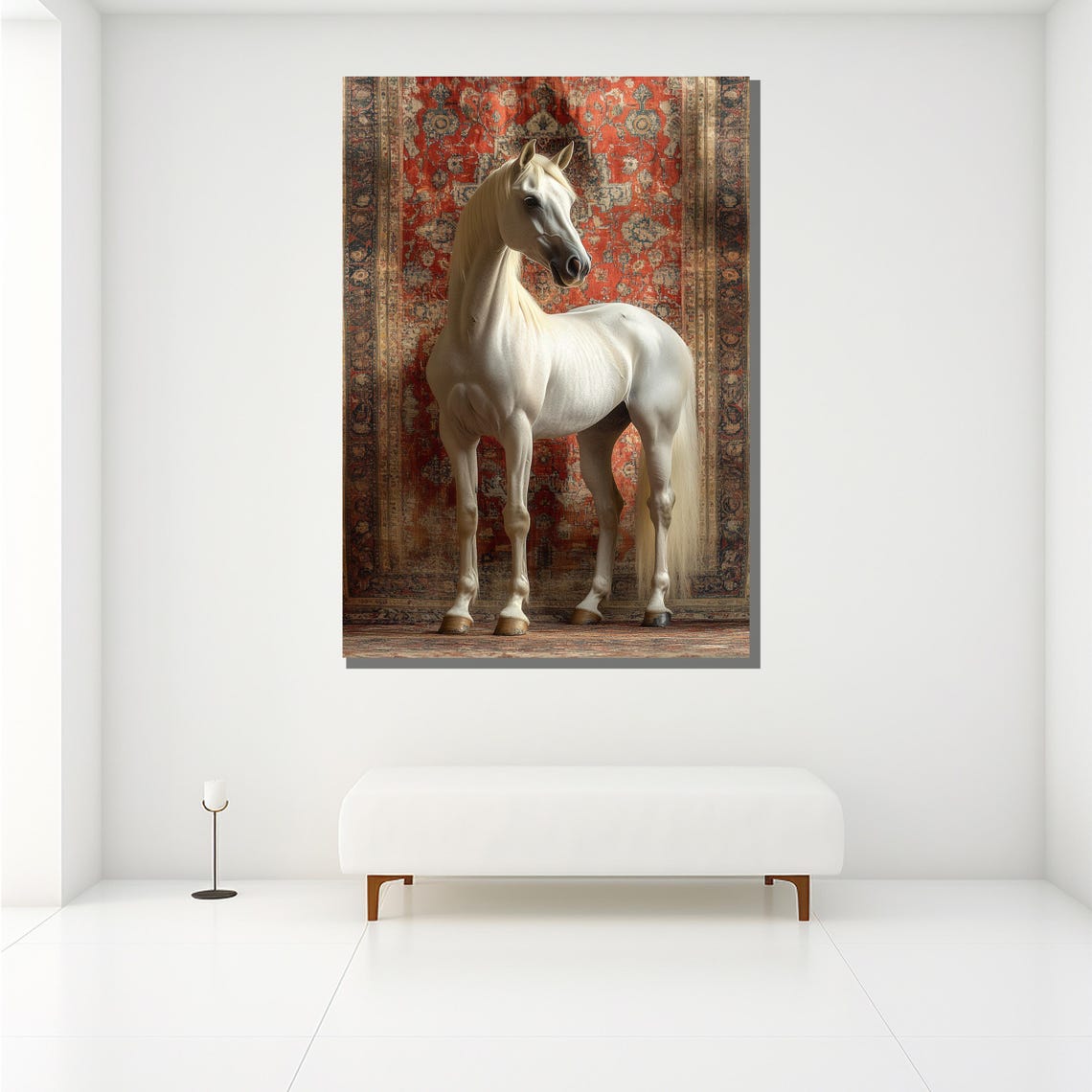 White Arabian Horse Red Tapestry Elegant Equestrian Wall Art - Image 2
