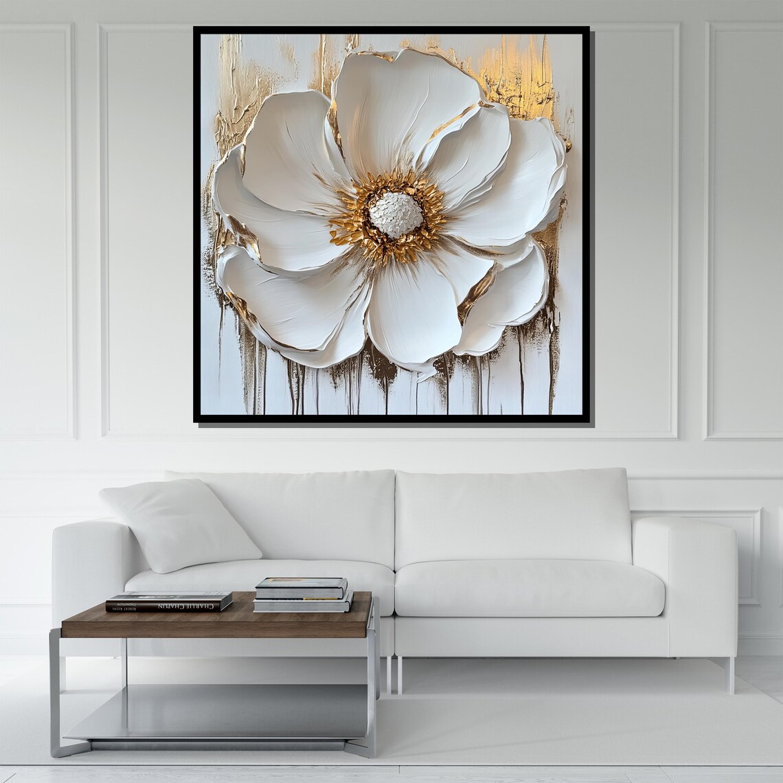 Stunning Large White Flower Gold Center Textured Abstract Art Poster - Image 5