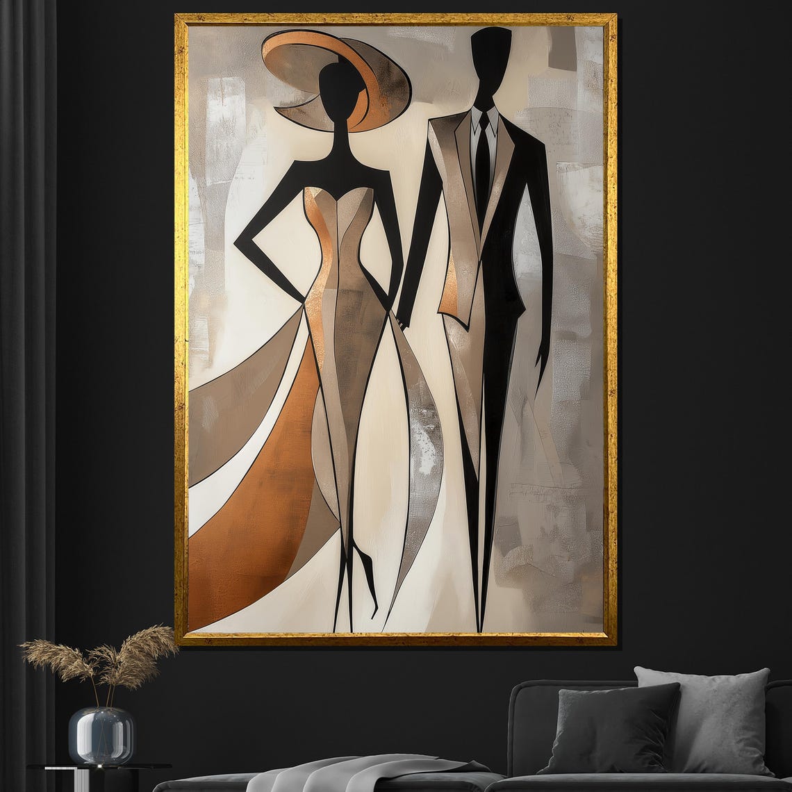 Elegant Minimalist Couple Silhouette Art Deco Gold Beige Wall Poster