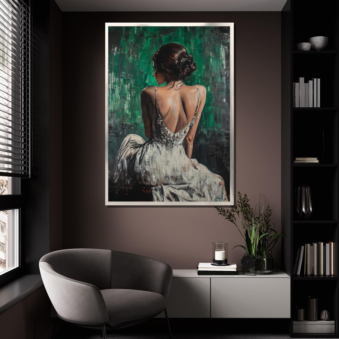 Elegant Woman White Dress Back View Emerald Green Painting Wall Poster - Image 4