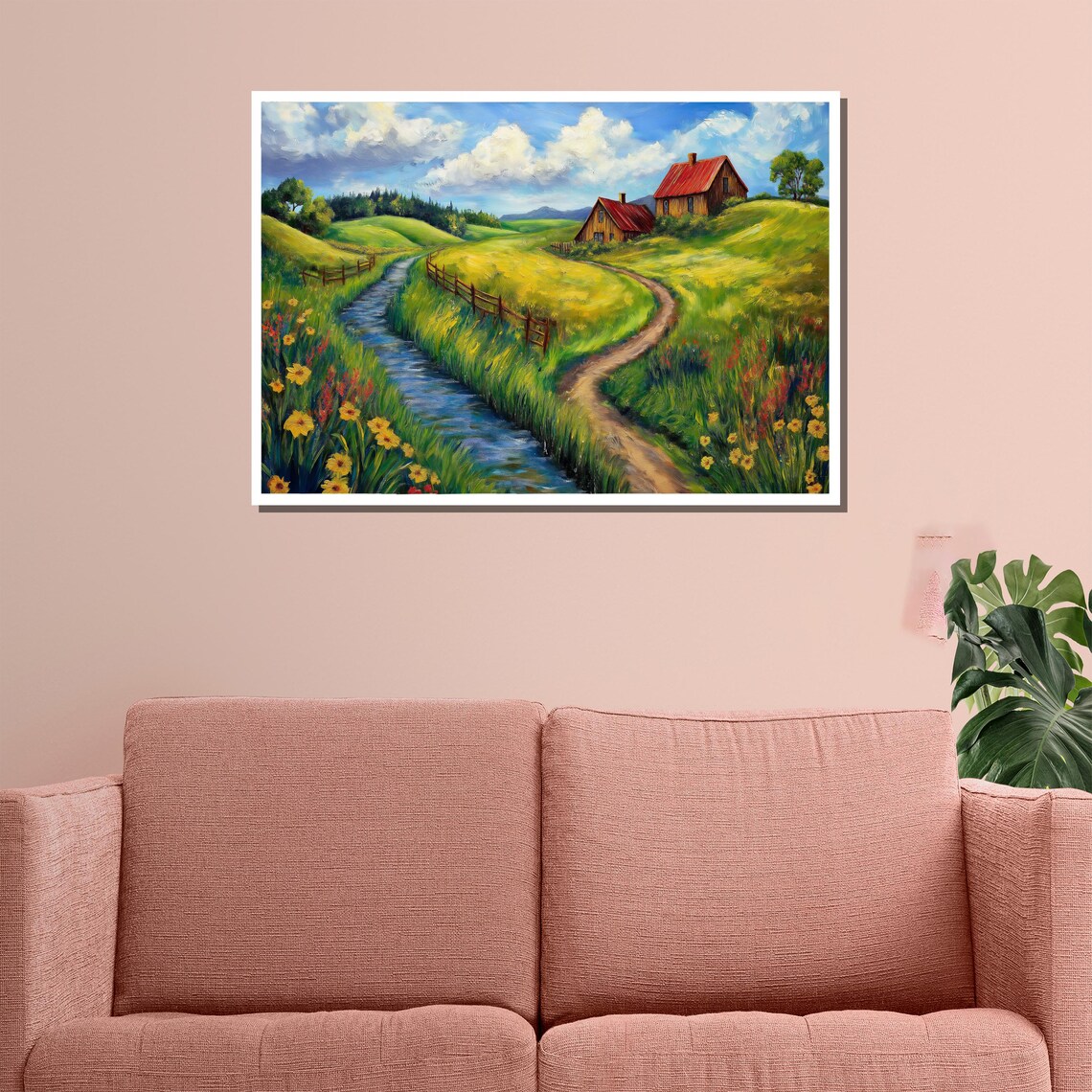 Countryside Farmhouse With Stream And Wildflowers Scenic Art Poster - Image 3