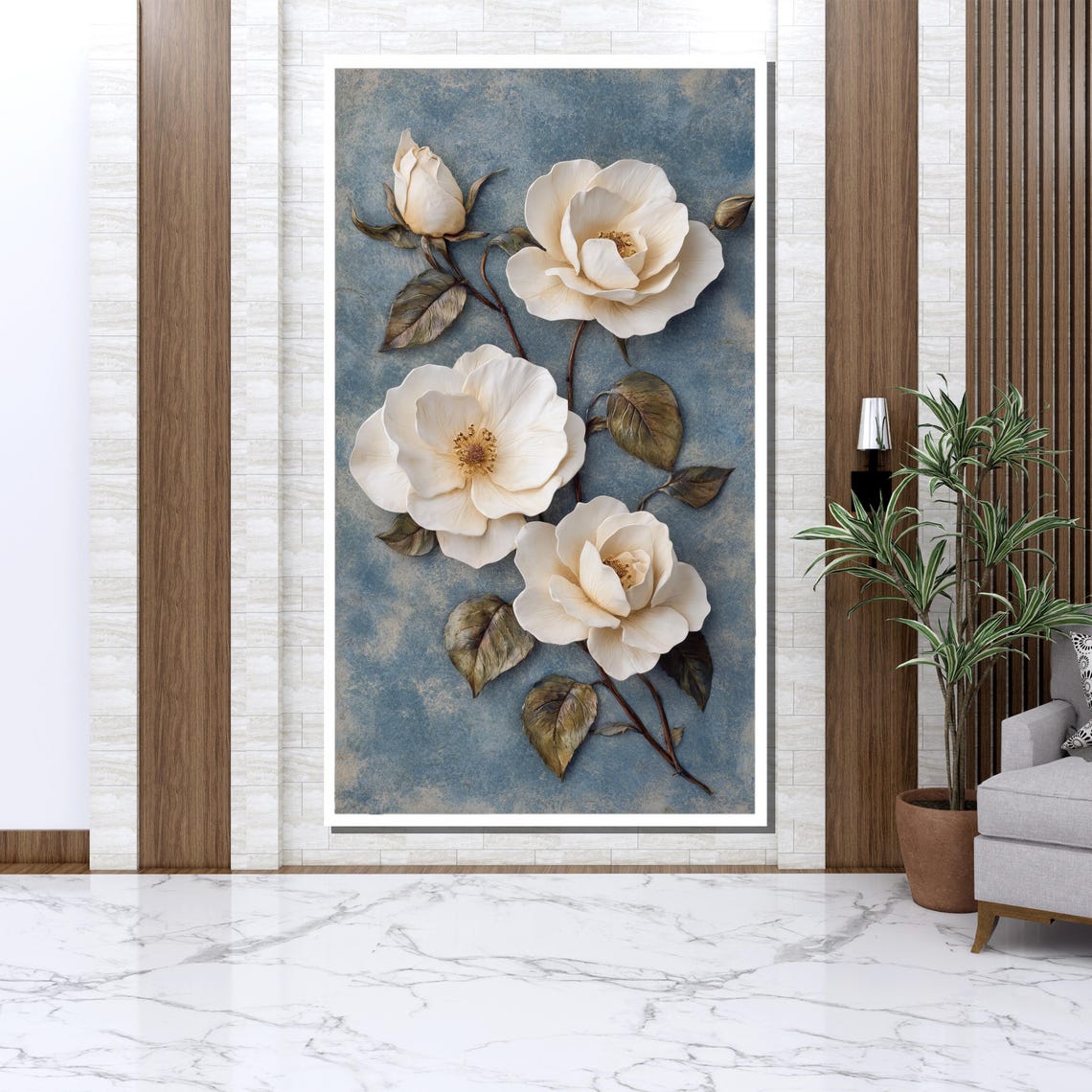 White Roses Branch Textured Plaster Blue Background Floral Wall Art - Image 3