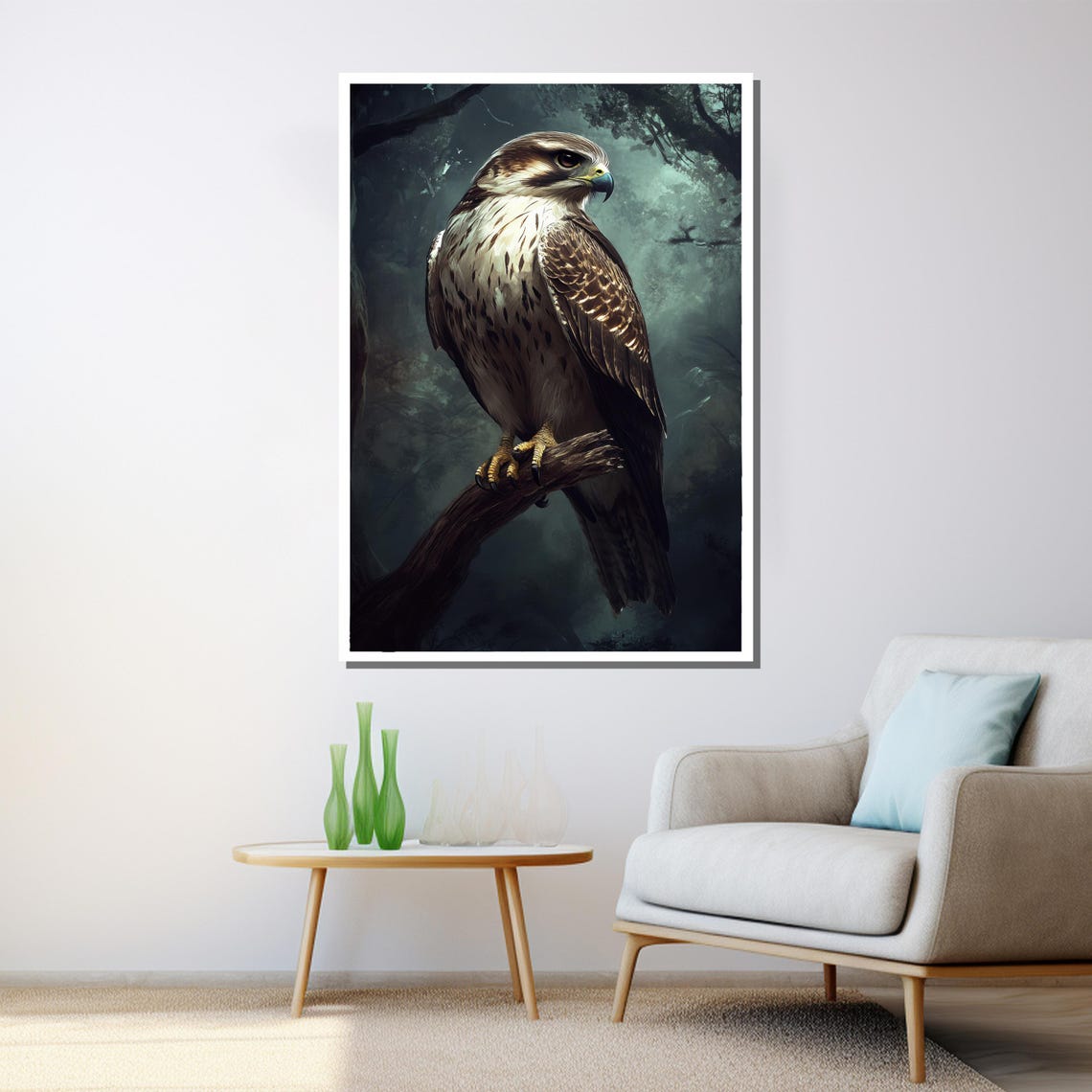 Majestic Hawk Perched On Branch In Misty Dark Forest Painting Poster - Image 3