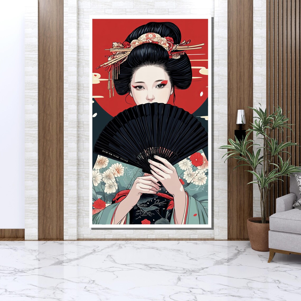 Geisha Holding Black Fan Traditional Japanese Graphic Art Poster - Image 3