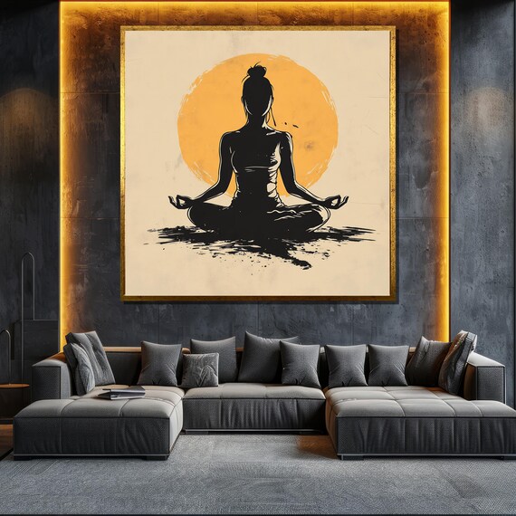 Woman Meditating Yoga Pose Silhouette With Orange Sun Wall Poster