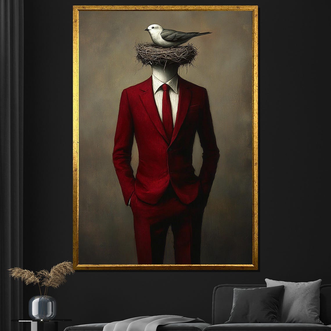 Man In A Red Suit With A Bird Nest For A Head Surreal Poster