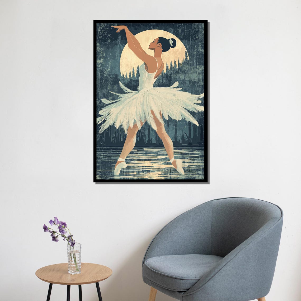 Moonlit Ballerina With Feather Tutu By The Lake Vintage Art Poster - Image 5