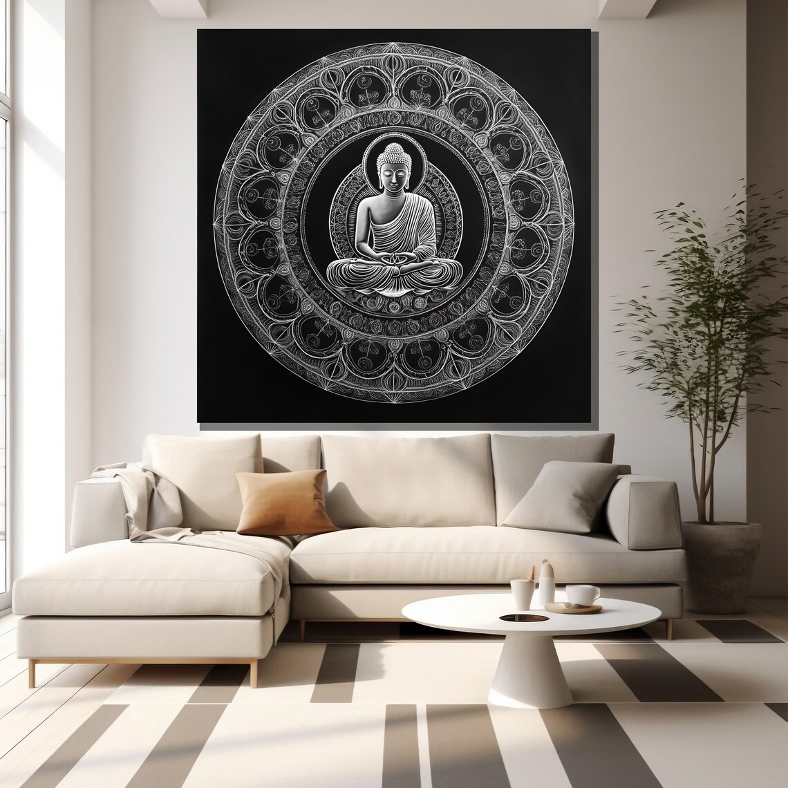 Monochrome Buddha Mandala White Line Art Black Elegant Zen Wall Poster - Image 2