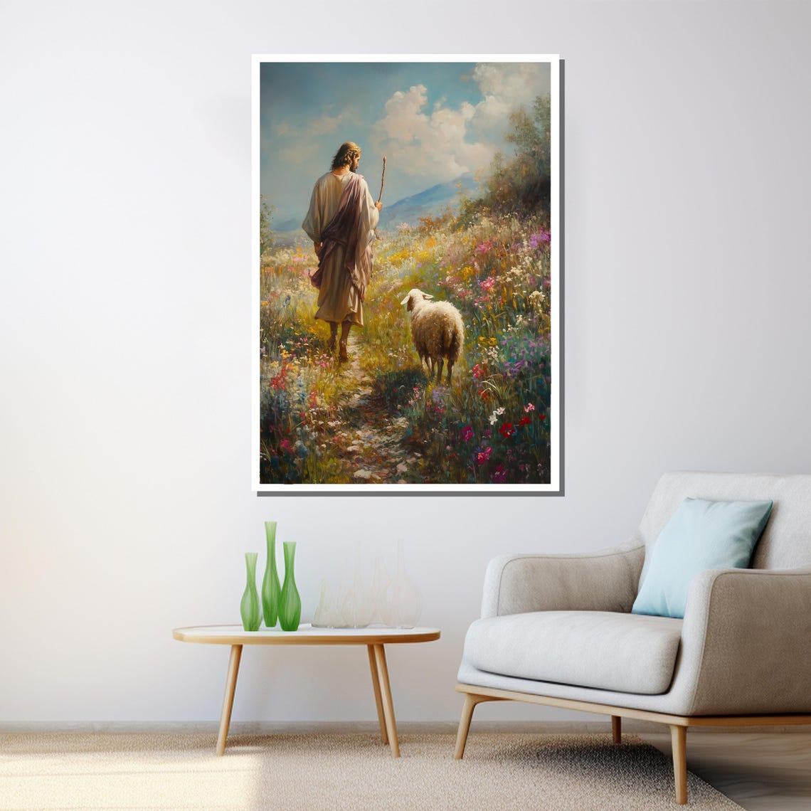 Jesus And Lost Sheep Flower Meadow Good Shepherd Painting Wall Poster - Image 3