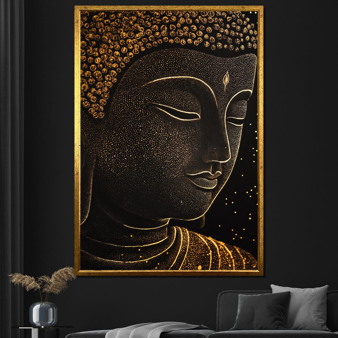 Golden Buddha Face Dotted Line Art Black Elegant Zen Meditation Poster