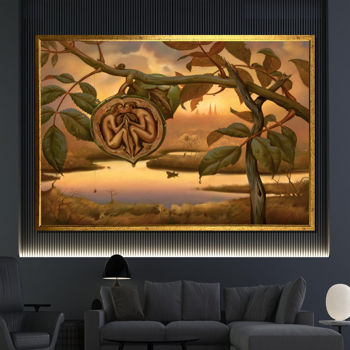 Morteza Katouzian The Lovers Walnut Shell Embrace Sunset Art Poster