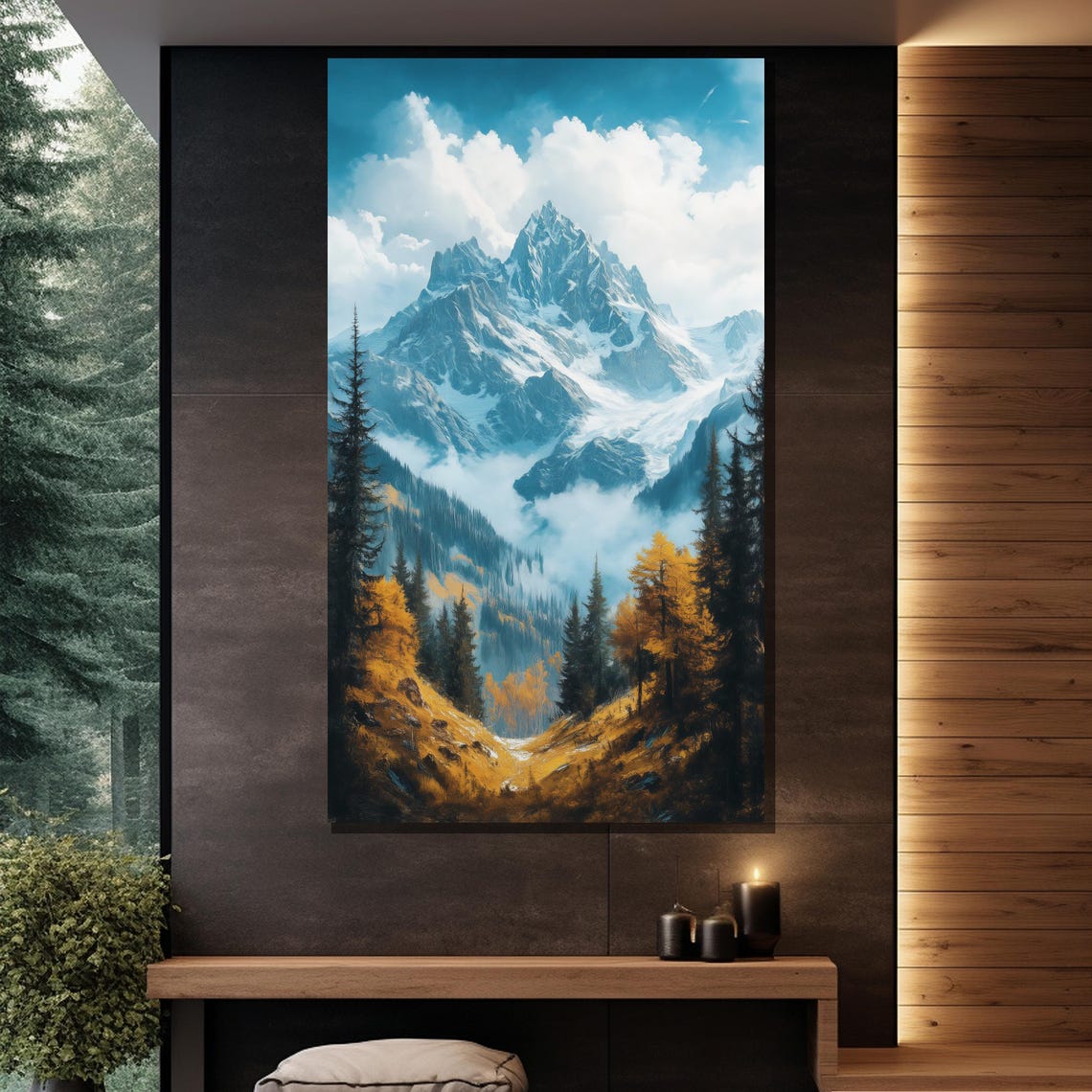 Dramatic Snowy Peak Clouds Golden Autumn Forest Mountain Poster - Image 2