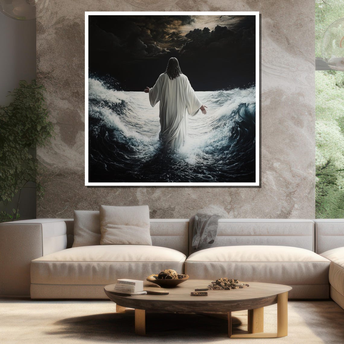 Jesus Walking On A Dark Stormy Sea At Night Religious Poster - Image 3