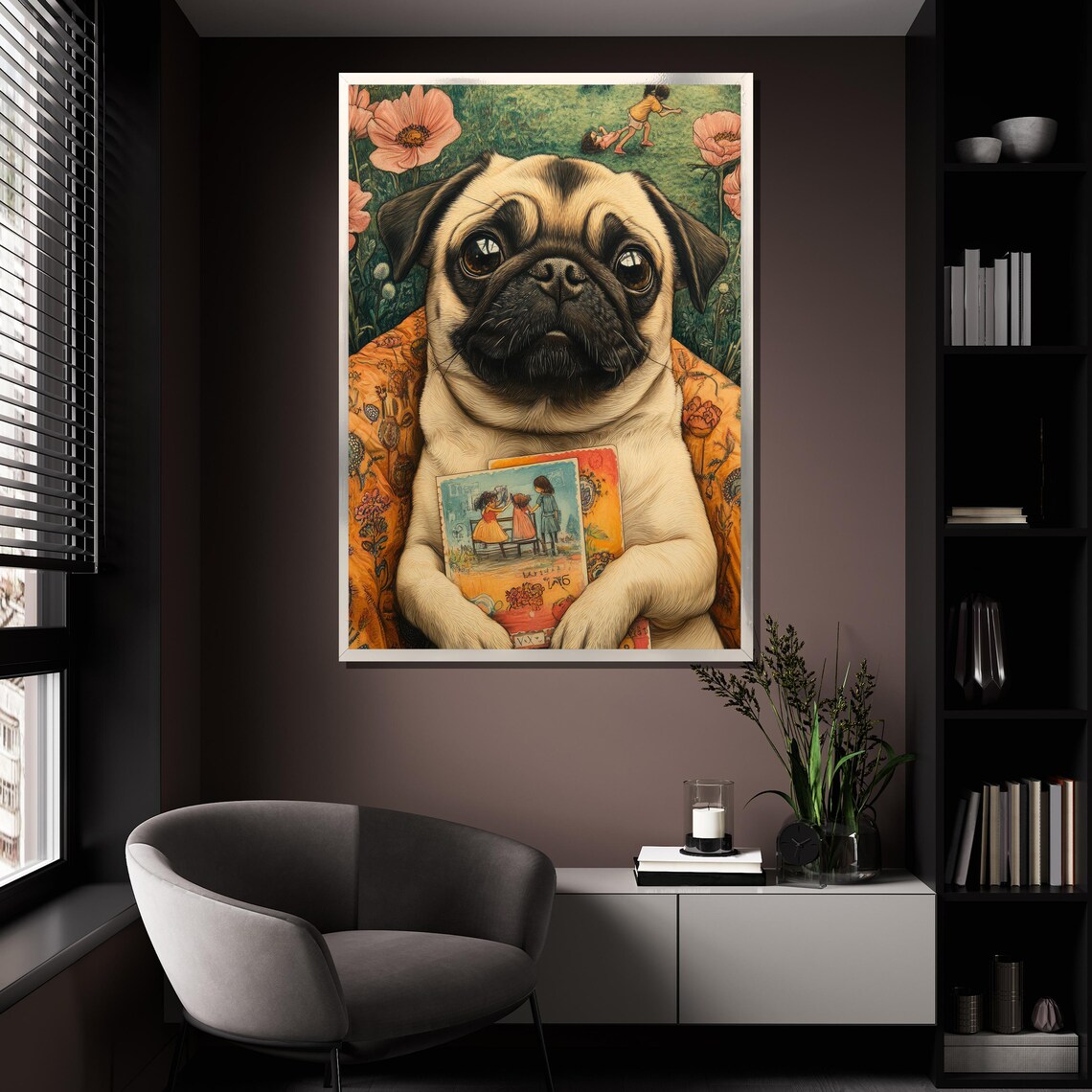 Whimsical Pug Puppy Postcard Storybook Floral Dog Art Poster - Image 4