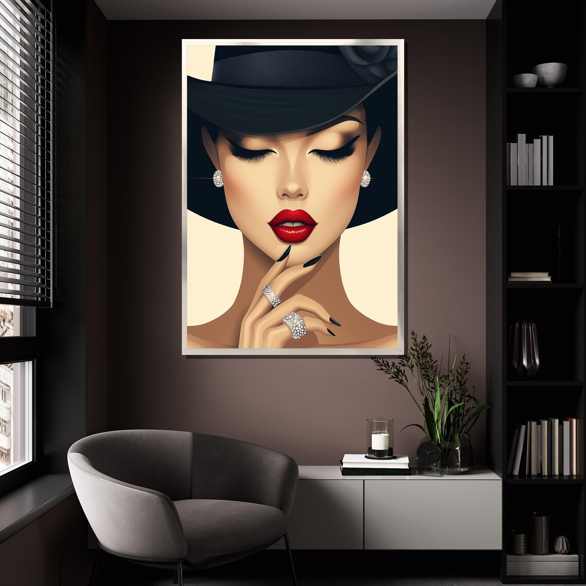 Glamorous Woman Black Hat Red Lips Diamond Jewelry Fashion Wall Poster - Image 4