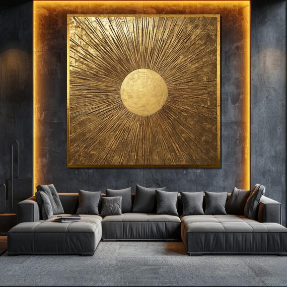 Golden Sunburst Abstract Painting Modern Wall Art Unique Gift For Living Room Bold Home Decor Statement Piece