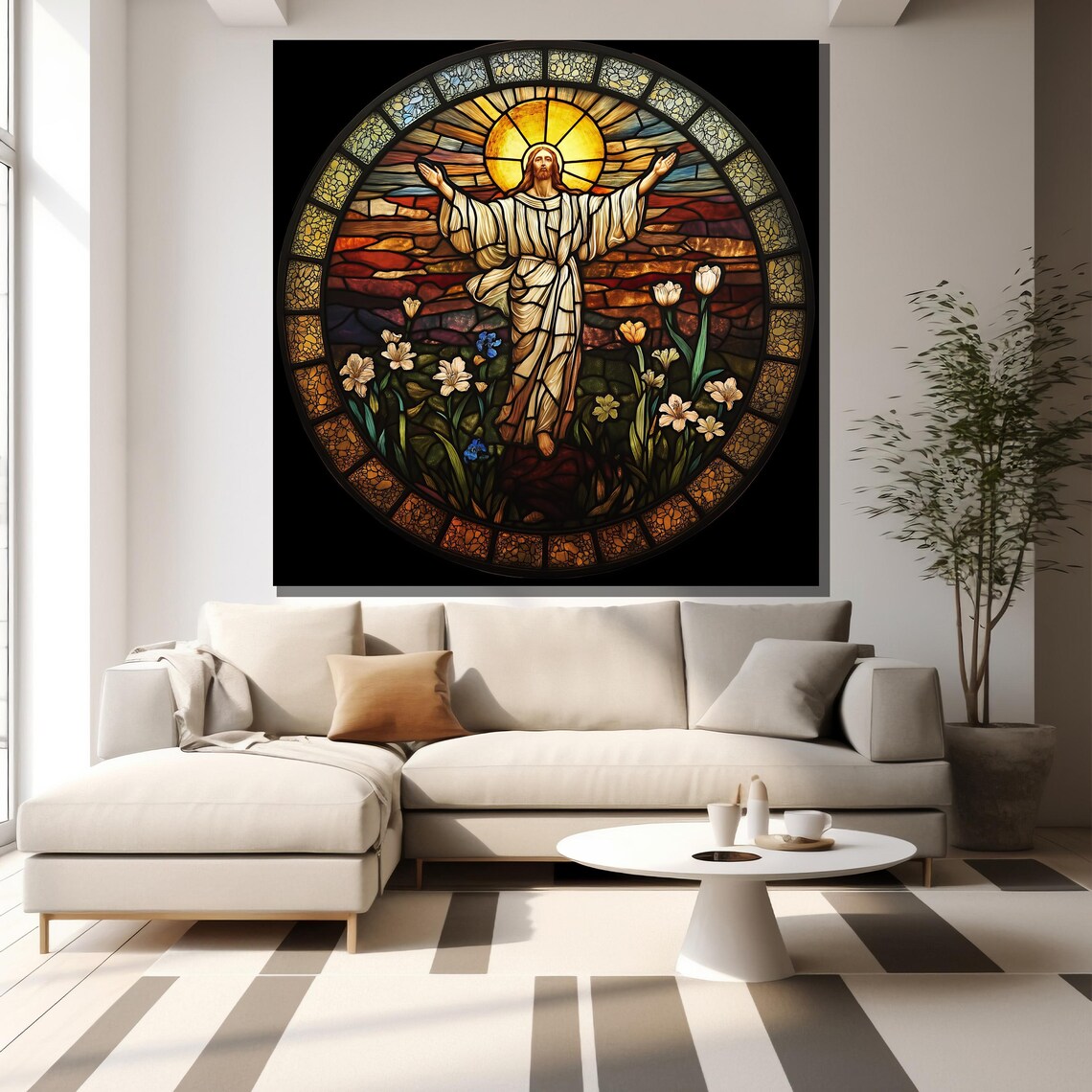 Jesus Stained Glass Window Round Church Floral Religious Art Poster - Image 2