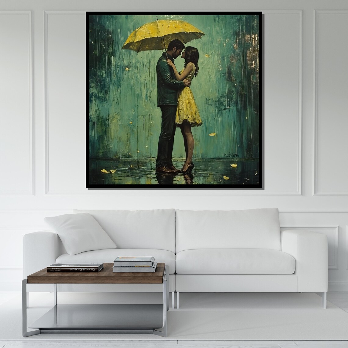 Romantic Couple Kiss Yellow Umbrella Rain Love Painting Wall Poster - Image 5