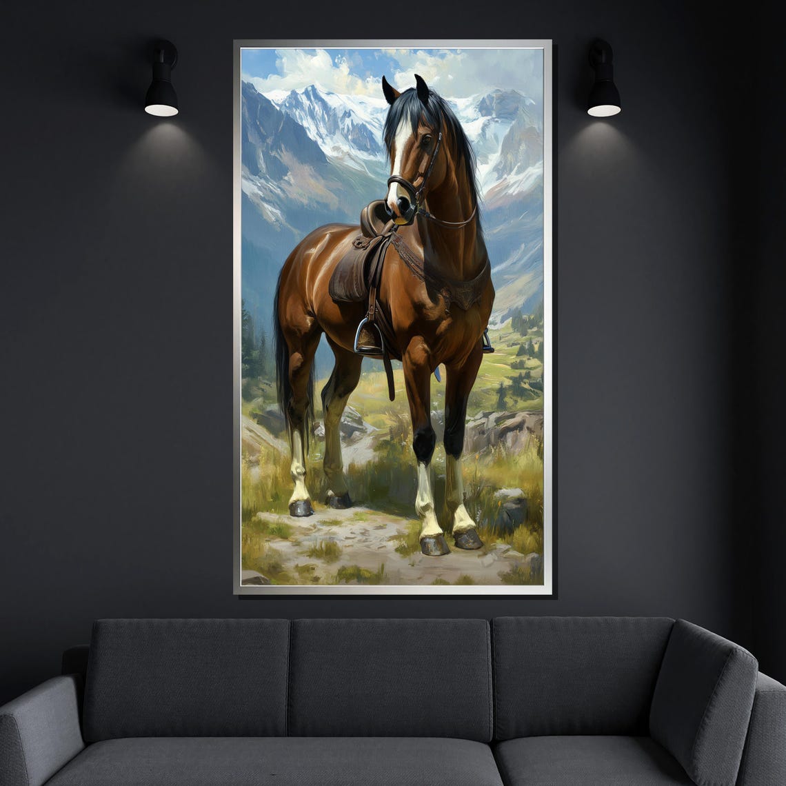 Saddled Brown Horse In Snowy Mountain Landscape Painting Wall Poster - Image 4