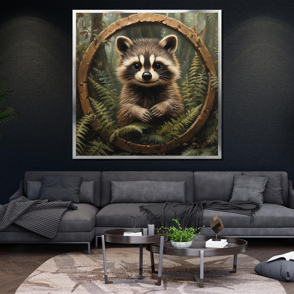 Cute Baby Raccoon Round Wooden Window Painting Whimsical Forest Wildlife Art Poster - Image 4