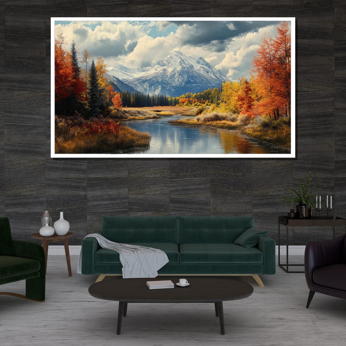 Snow Capped Mountain Autumn Lake Reflection Orange Trees Nature Poster - Image 3
