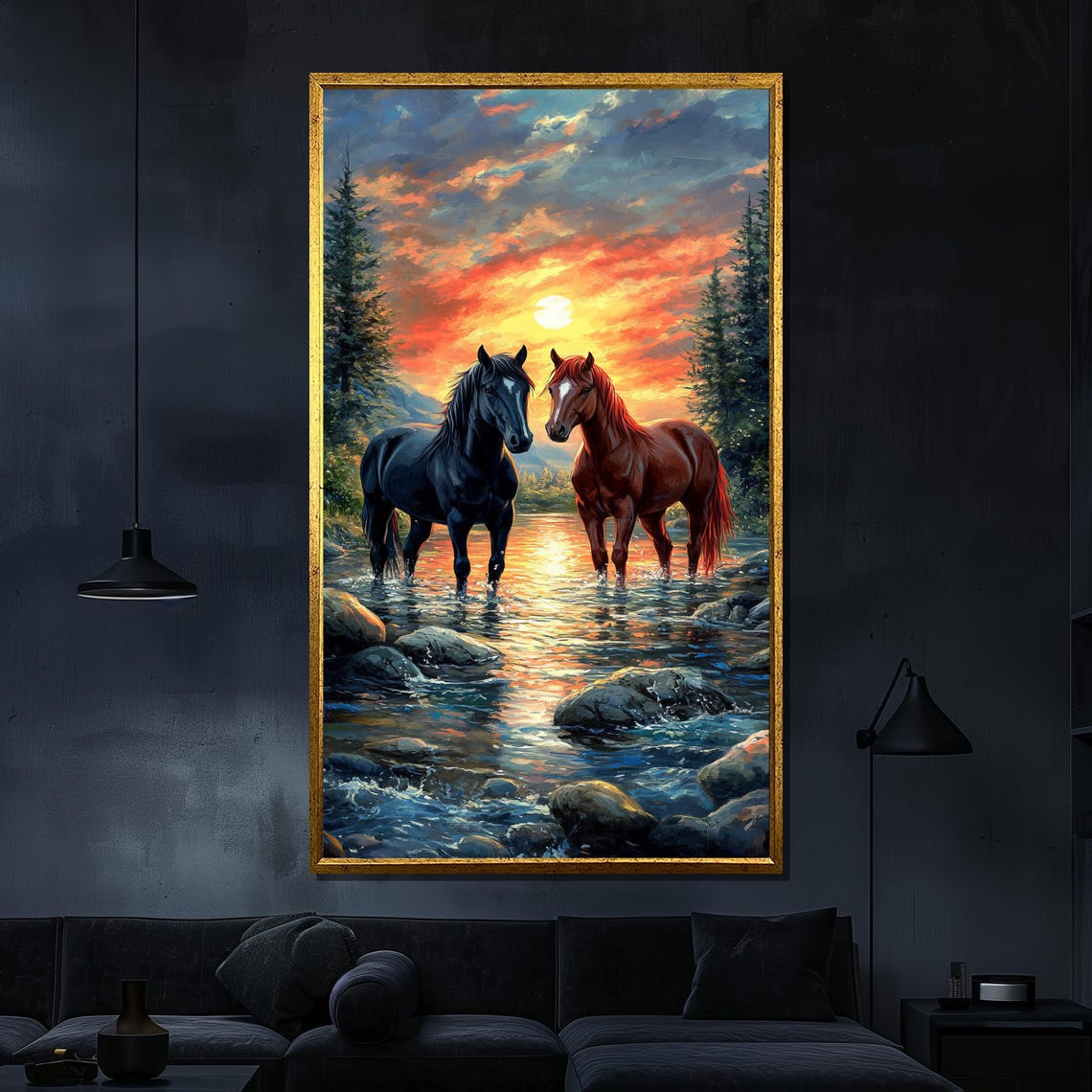 Two Horses In Stream Sunset Black Chestnut Mountain Water Poster