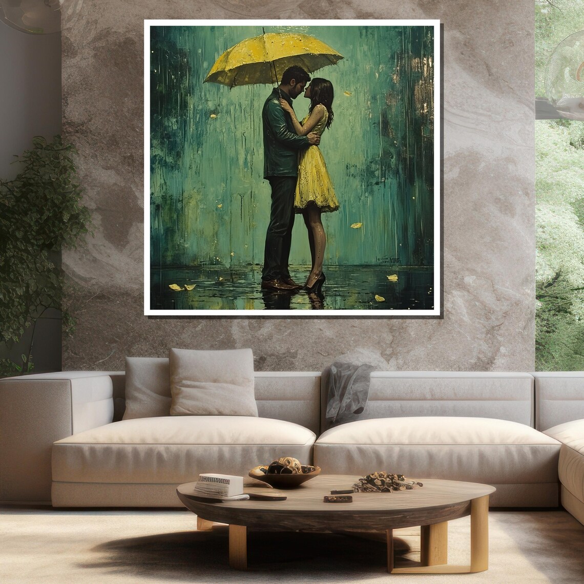 Romantic Couple Kiss Yellow Umbrella Rain Love Painting Wall Poster - Image 3