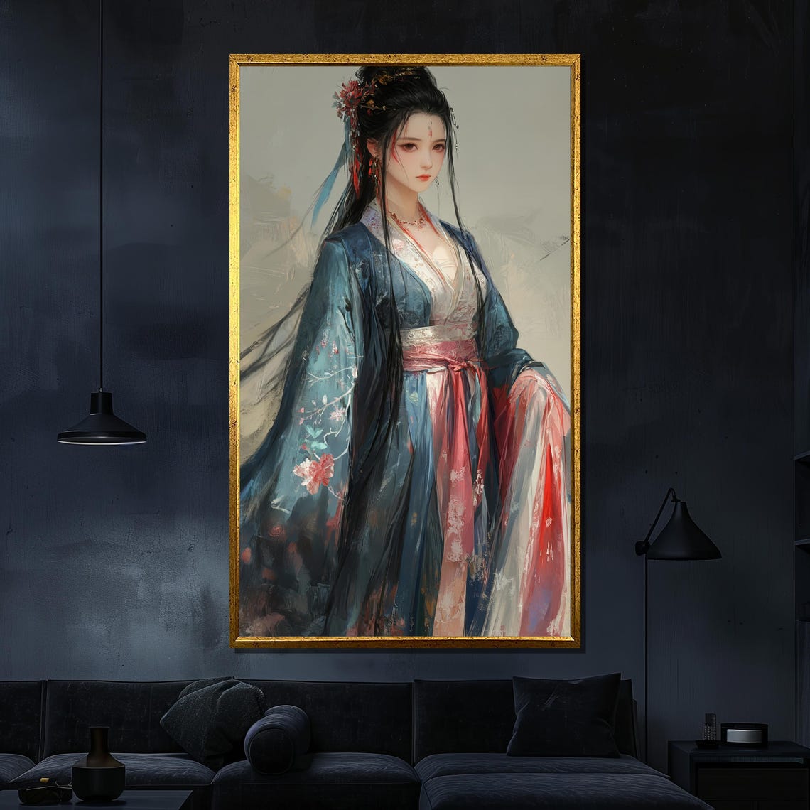 Chinese Woman In Blue Hanfu Traditional Elegant Portrait Art Poster