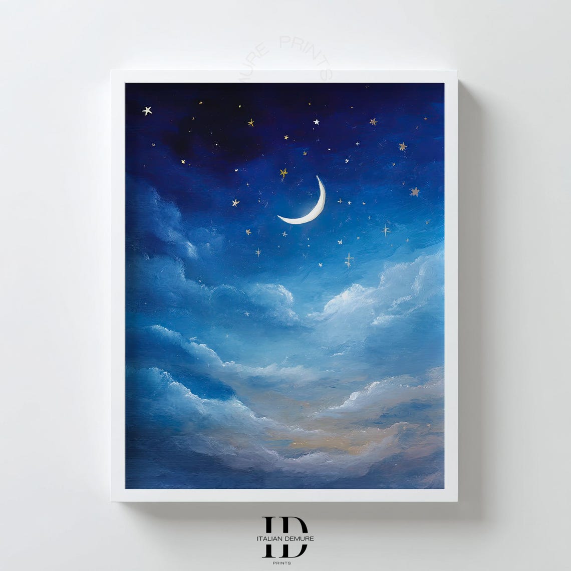 Crescent Moon Night Sky Print Dreamy Cloud Wall Art Blue Starry Painting Celestial Decor Nursery Poster