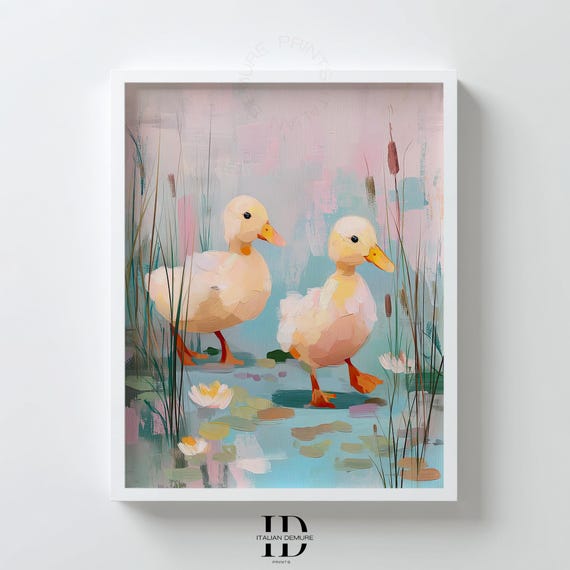 Duckling Pond Wall Art Pastel Nursery Animal Print Impressionist Baby Duck Painting For Kids Room Decor