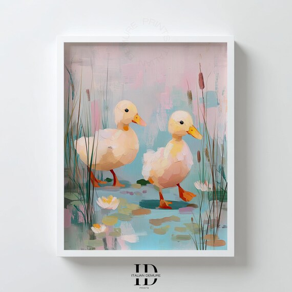 Sweet Duckling Pond Pastel Nursery Impressionist Animal Poster