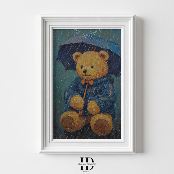 Teddy Bear with Umbrella in Rain Impressionist Cozy Kids Art Poster