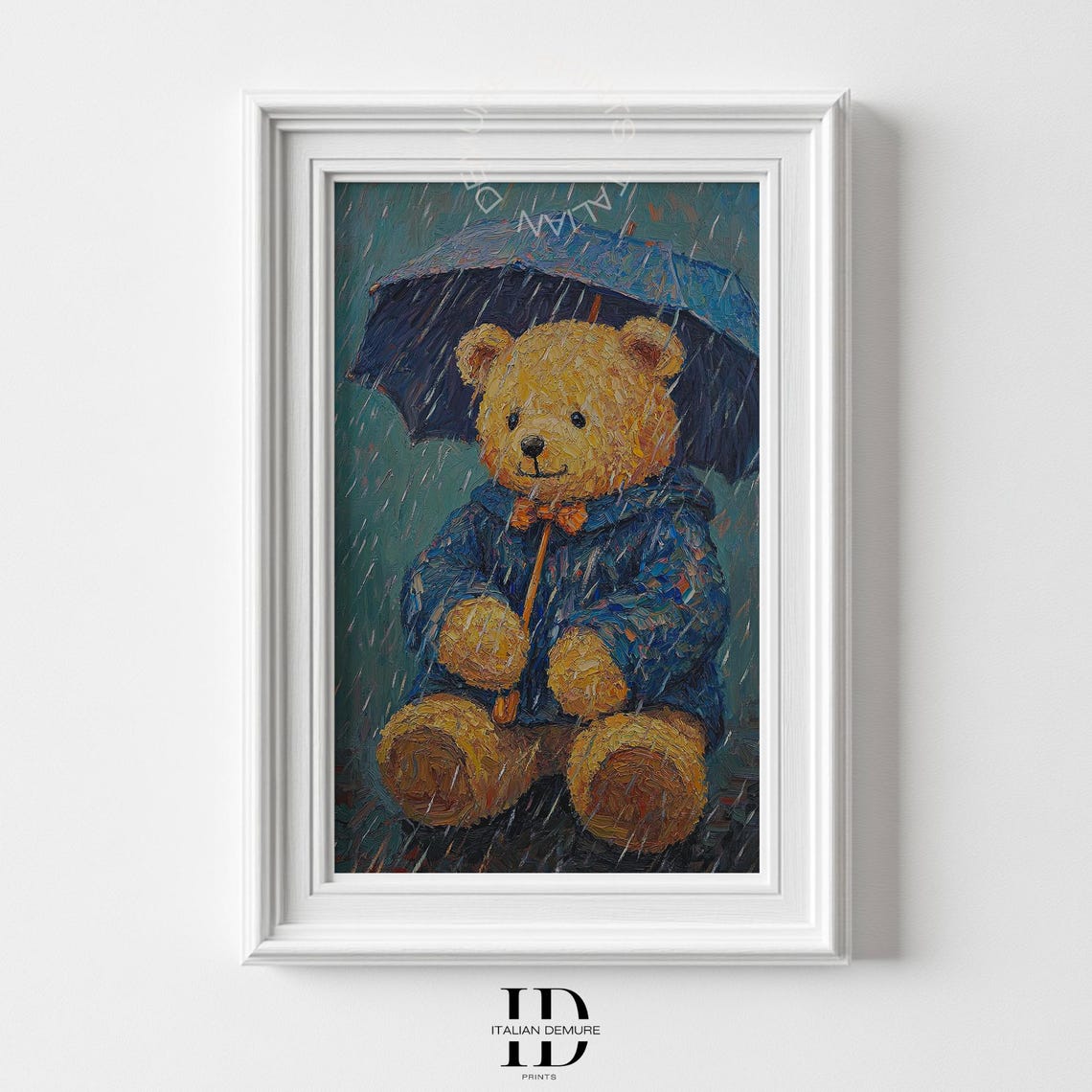 Teddy Bear with Umbrella in Rain Impressionist Cozy Kids Art Poster