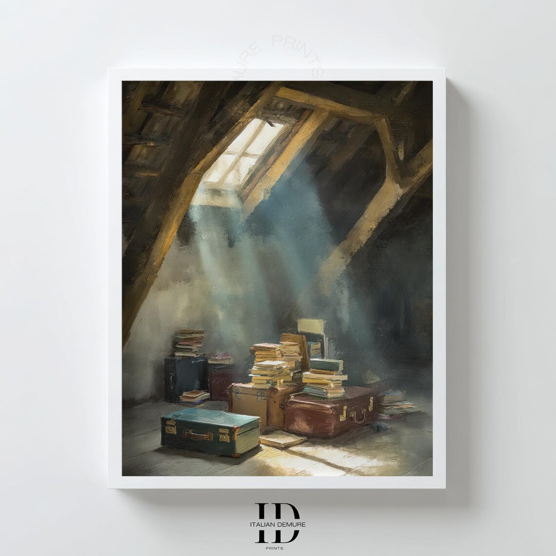 Vintage Attic Sunbeam Through Skylight Old Trunks Books Nostalgic Oil Poster