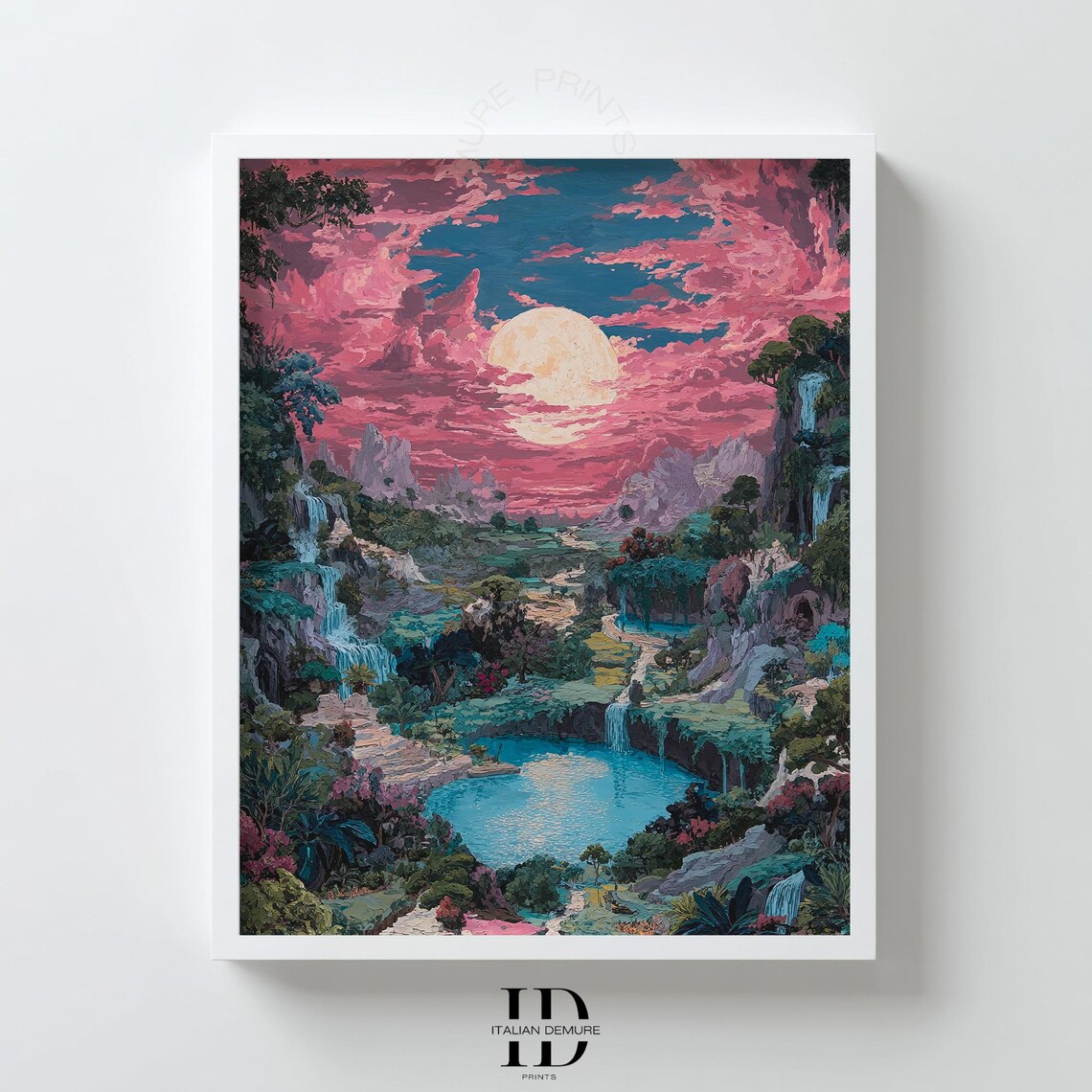 Dreamy Pink Sunset Fantasy Valley Waterfalls Glowing Moon Art Print
