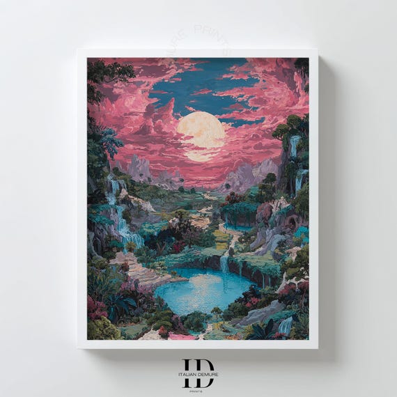 Fantasy Landscape Wall Art Pink Sunset Nature Print Dreamy Mountain Valley Poster Waterfall Forest Decor Artwork